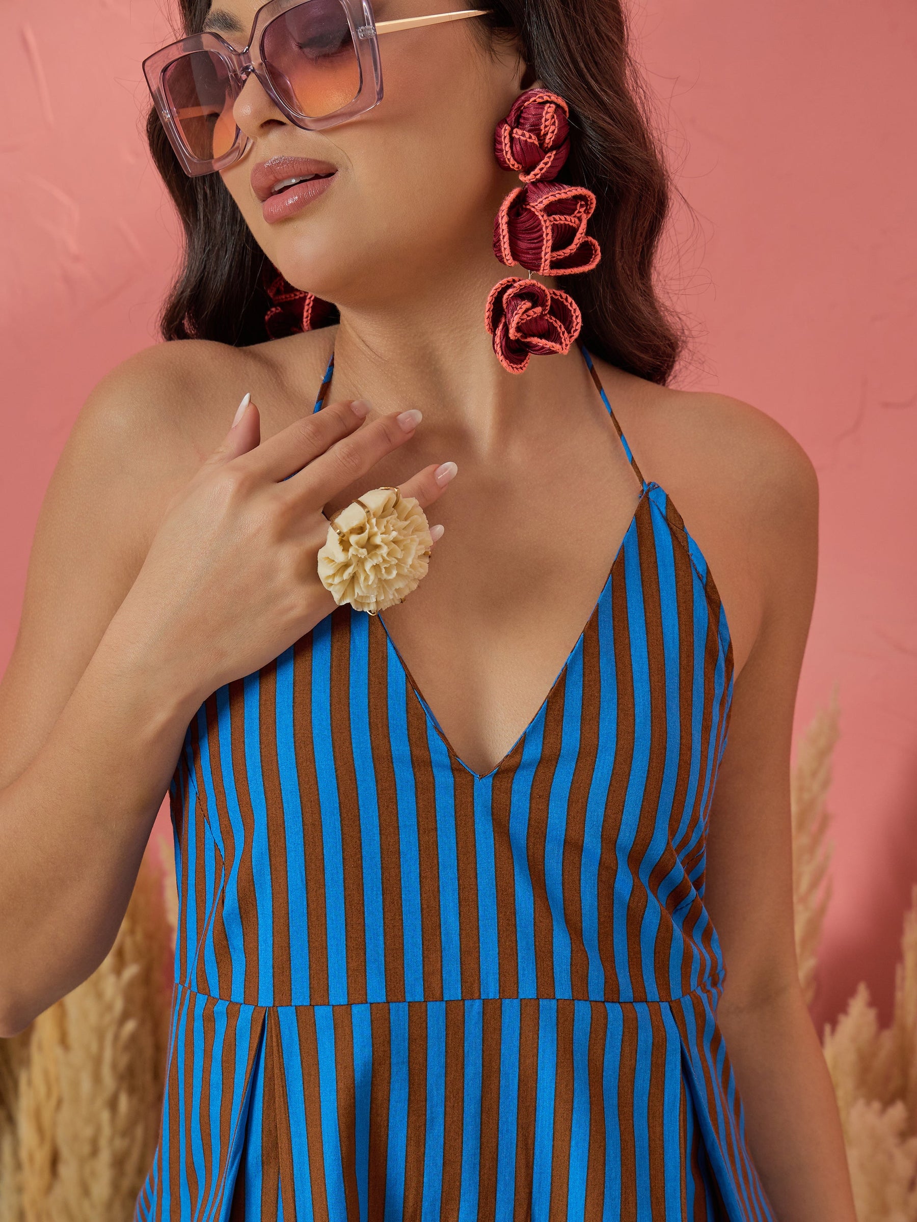 Blue & Brown Stripe Ric Rac Lace Halter Neck Midi Dress-Pink Paprika by SASSAFRAS