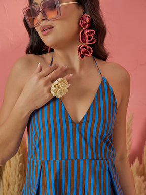 Blue & Brown Stripe Ric Rac Lace Halter Neck Midi Dress-Pink Paprika by SASSAFRAS