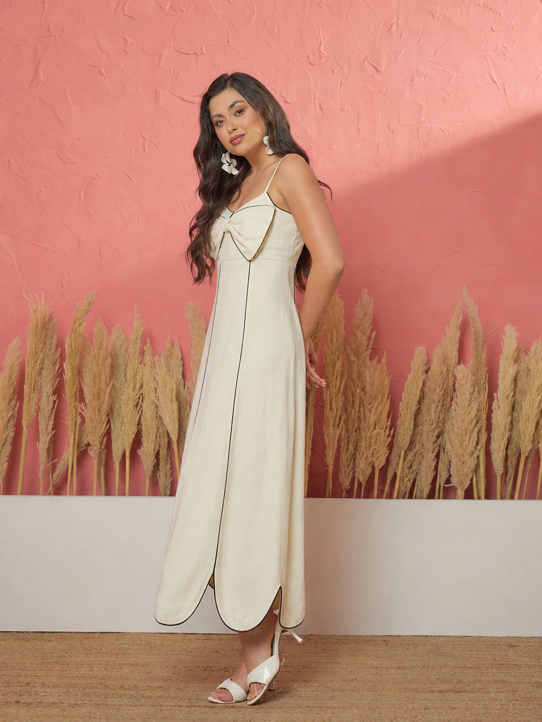 White Twill Front Bow Strappy Midi Dress-Pink Paprika by SASSAFRAS