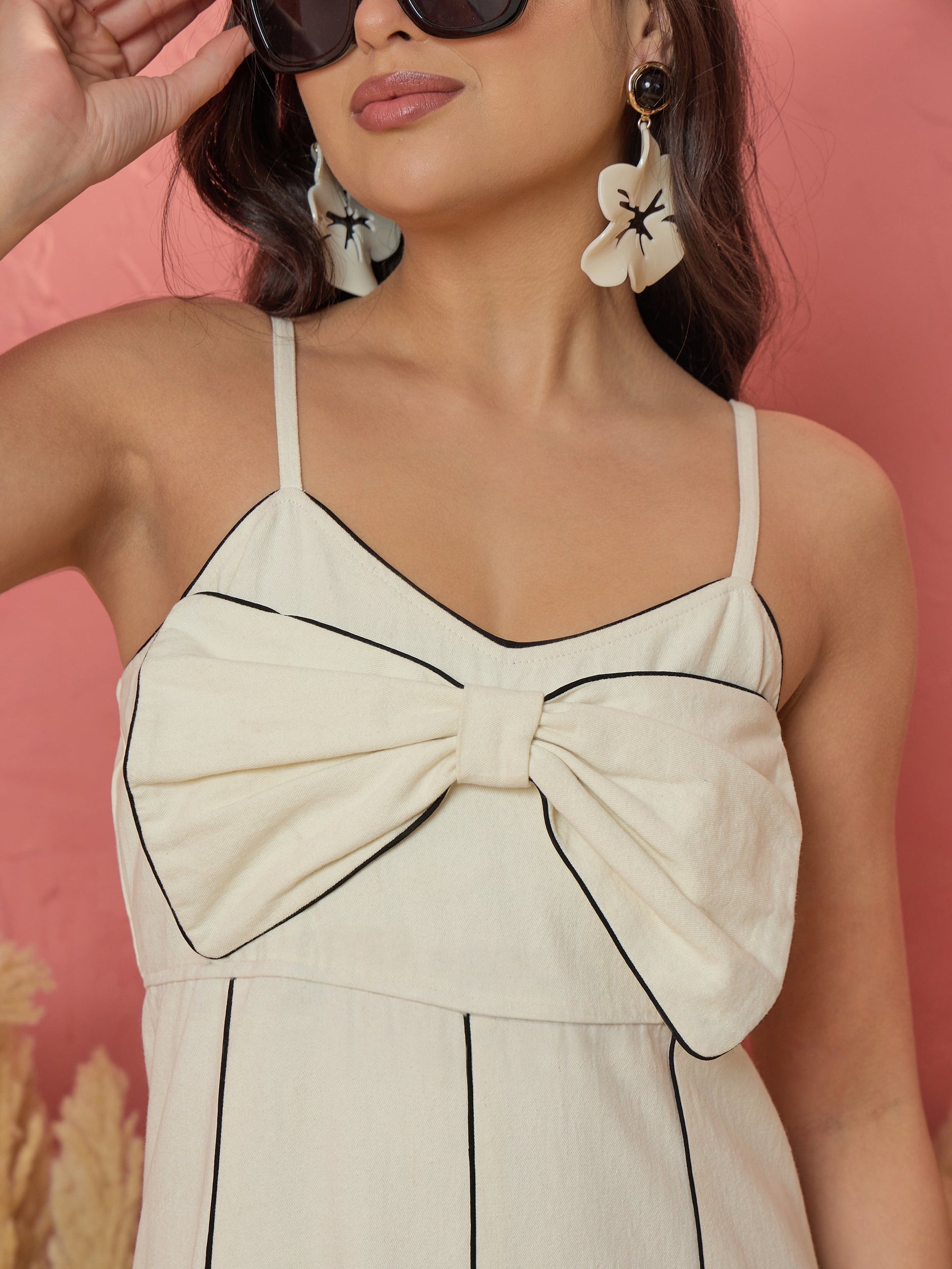 Women White Twill Front Bow Strappy Midi Dress