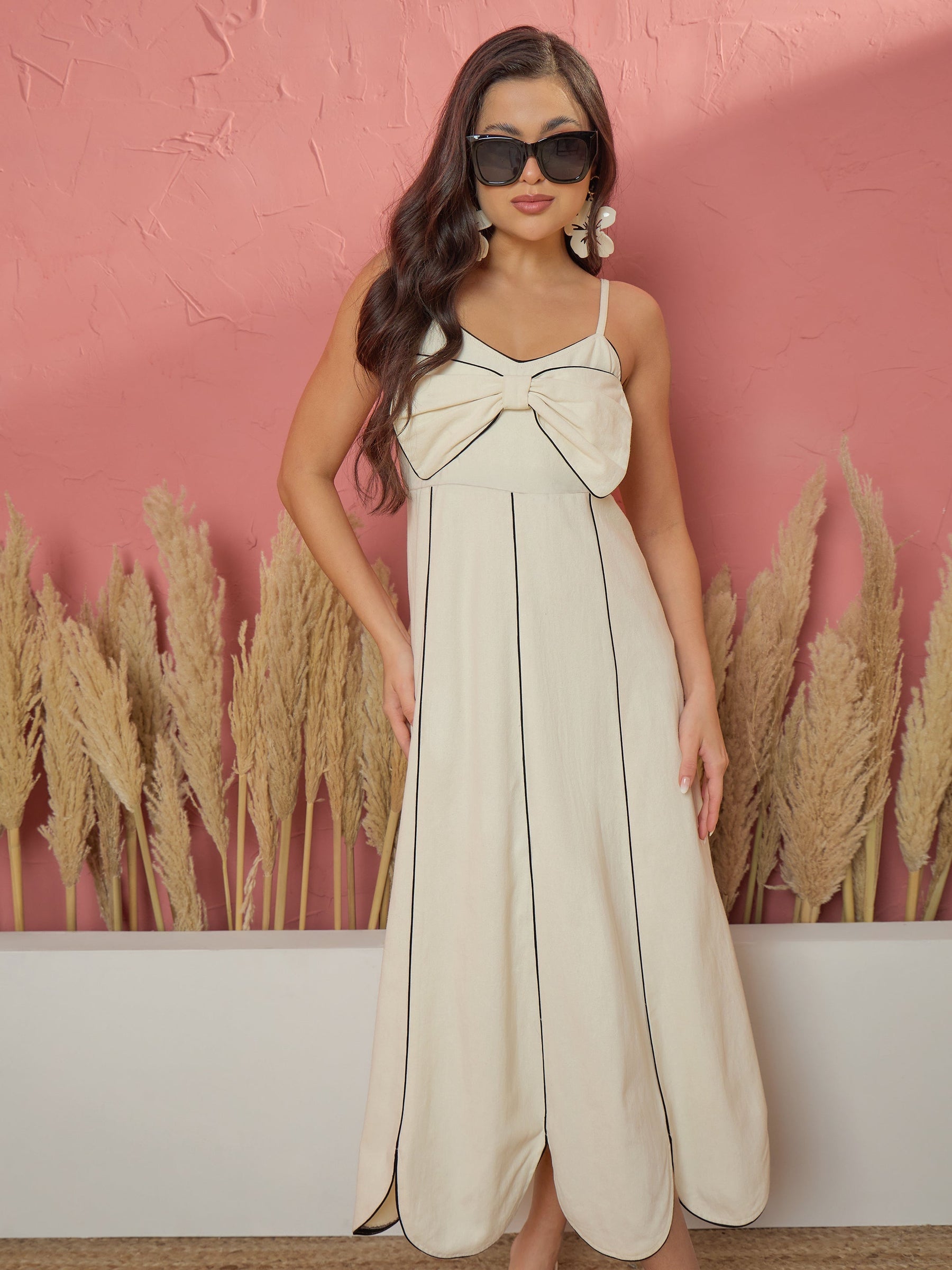 Women White Twill Front Bow Strappy Midi Dress