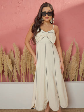 Women White Twill Front Bow Strappy Midi Dress