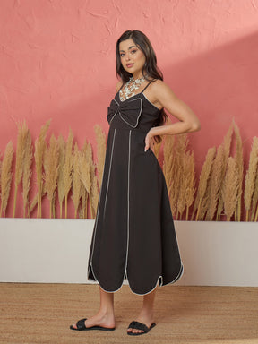 Black Twill Front Bow Strappy Midi Dress-Pink Paprika by SASSAFRAS