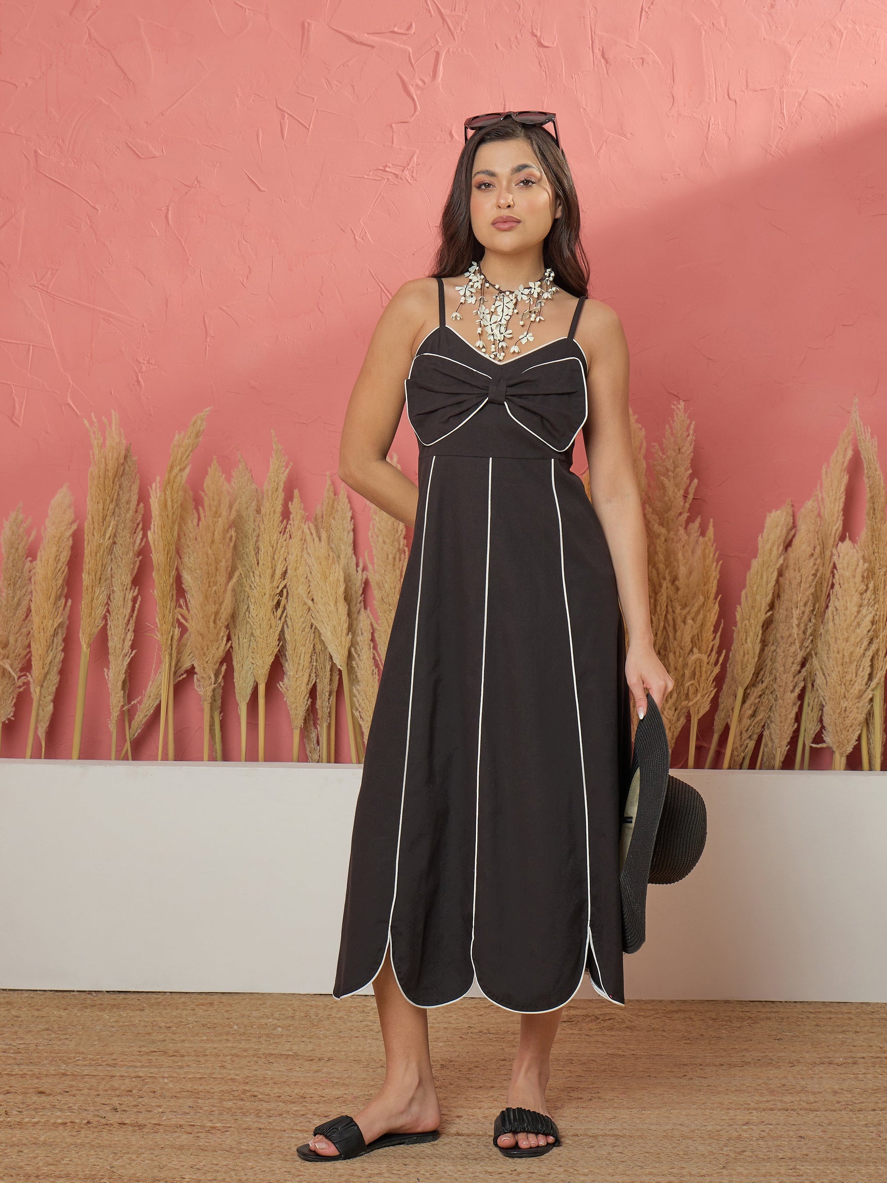 Black Twill Front Bow Strappy Midi Dress-Pink Paprika by SASSAFRAS