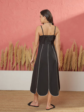 Black Twill Front Bow Strappy Midi Dress-Pink Paprika by SASSAFRAS