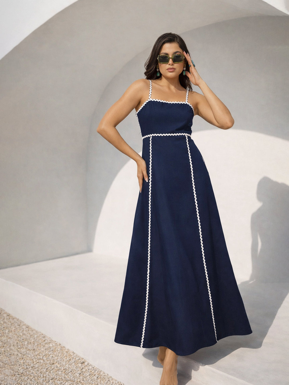 Navy Ric Rac Lace Back Tie Strappy A-Line Midi Dress-Pink Paprika by SASSAFRAS