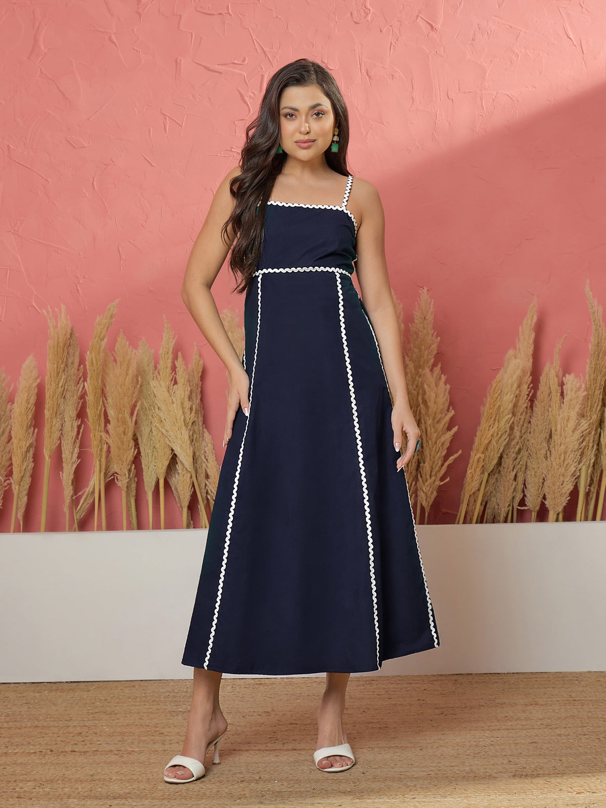 Navy Ric Rac Lace Back Tie Strappy A-Line Midi Dress-Pink Paprika by SASSAFRAS