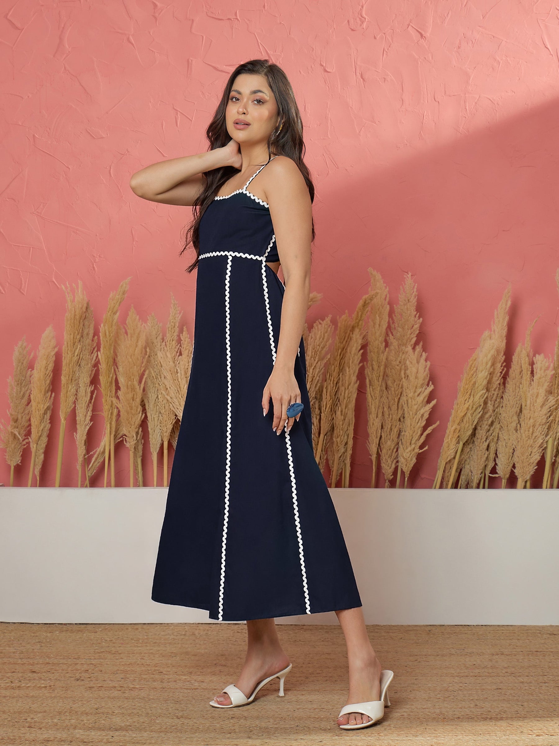 Navy Ric Rac Lace Back Tie Strappy A-Line Midi Dress-Pink Paprika by SASSAFRAS