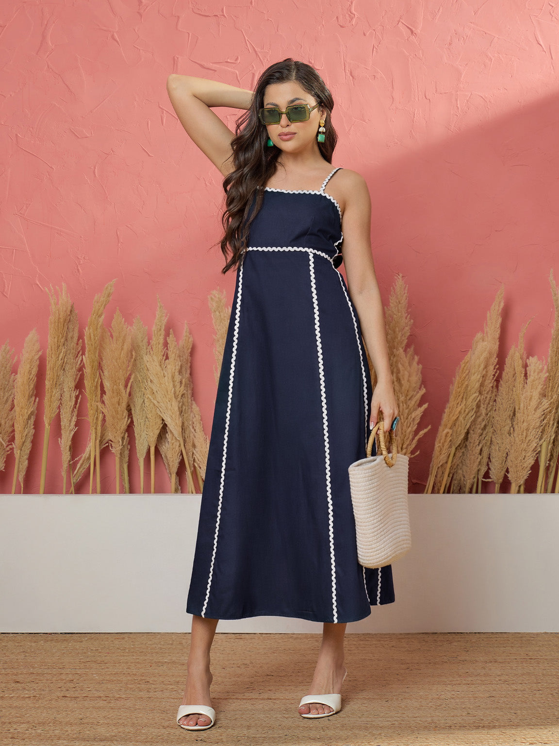 Navy Ric Rac Lace Back Tie Strappy A-Line Midi Dress-Pink Paprika by SASSAFRAS
