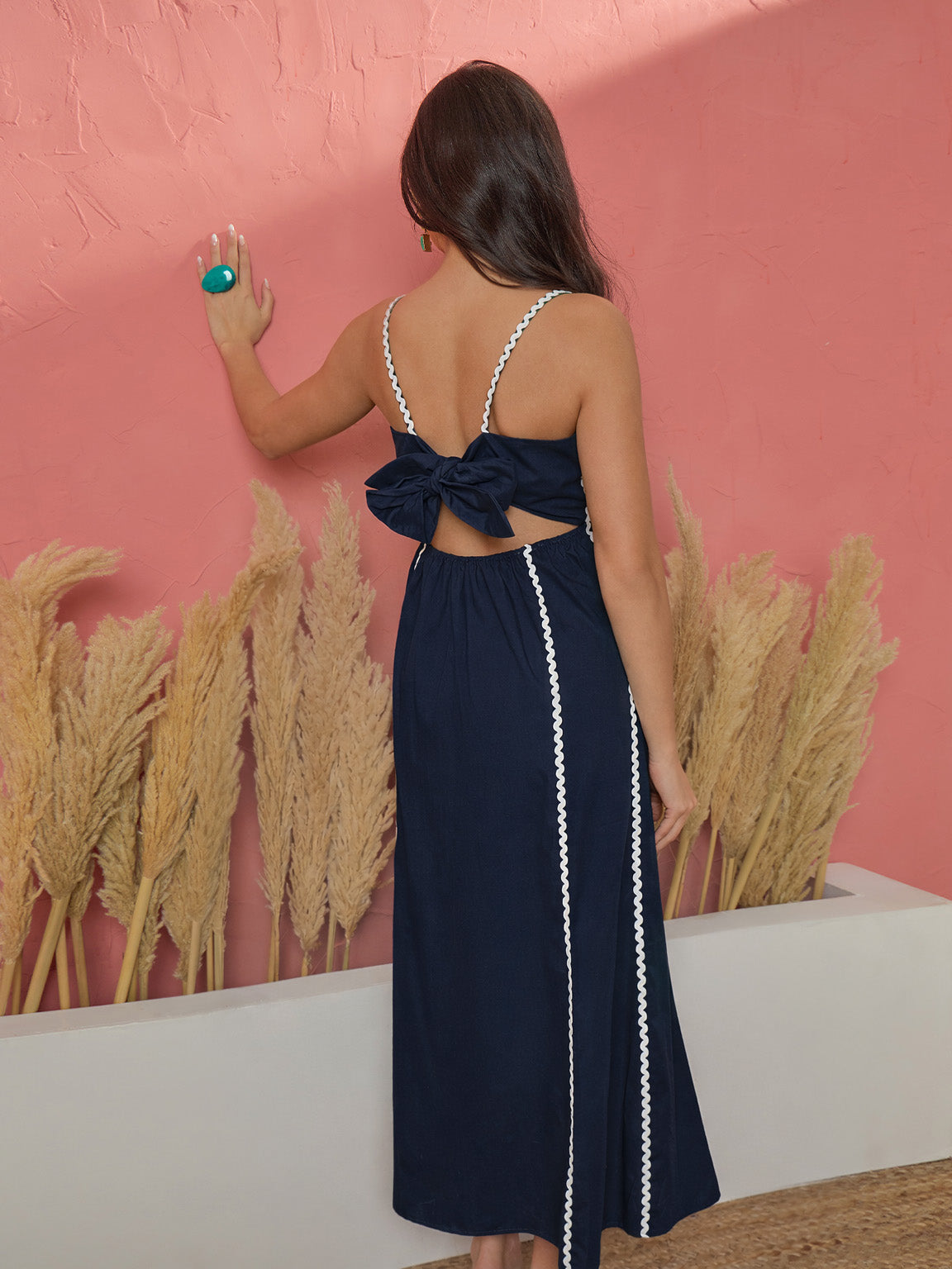 Women Navy Ric Rac Lace Back Tie Strappy A-Line Midi Dress