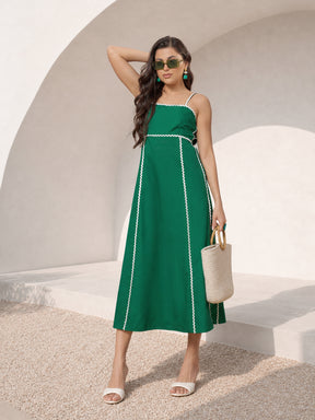 Women Green Ric Rac Lace Back Tie Strappy A-Line Midi Dress