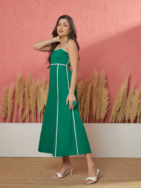 Green Ric Rac Lace Back Tie Strappy A-Line Midi Dress-Pink Paprika by SASSAFRAS