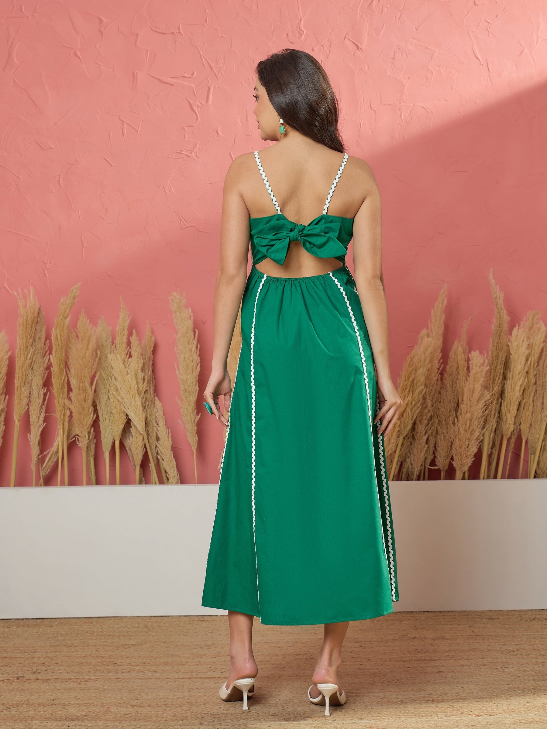 Buy Women Green Ric Rac Lace Back Tie Strappy A-Line Midi Dress Online at  Best Price