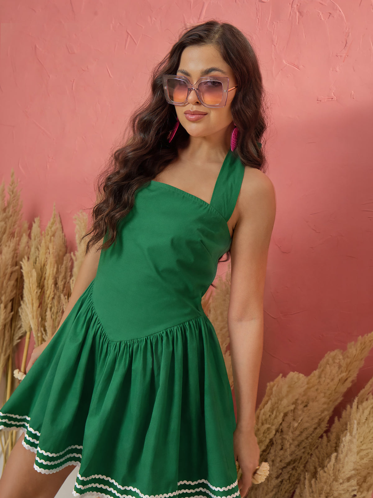 Green Ric Rac Low Waist Halter Neck Short Dress-Pink Paprika by SASSAFRAS