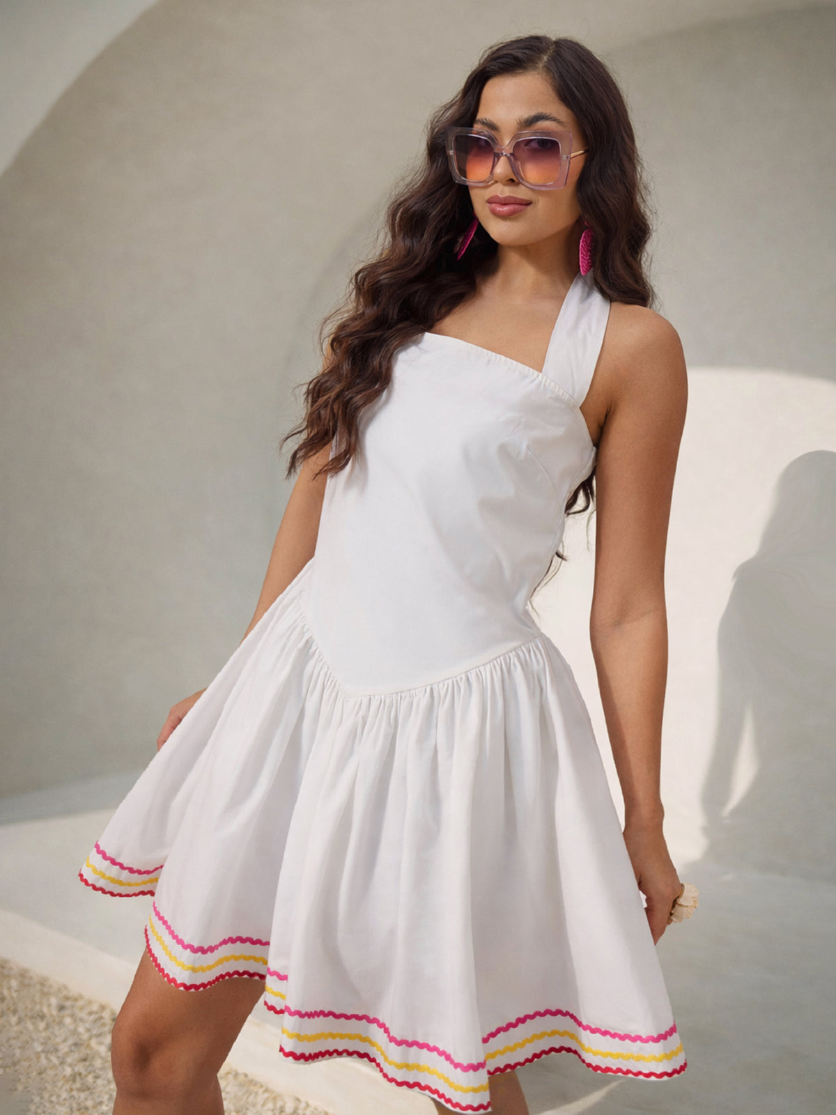 White Ric Rac Low Waist Halter Neck Short Dress-Pink Paprika by SASSAFRAS