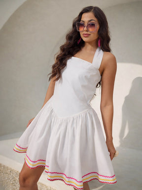 White Ric Rac Low Waist Halter Neck Short Dress-Pink Paprika by SASSAFRAS