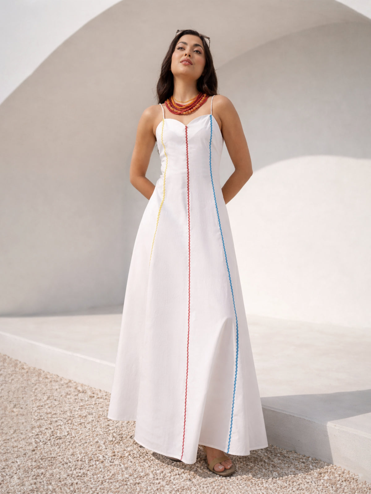 White Multi Ric Rac Strappy Maxi Dress-Pink Paprika by SASSAFRAS