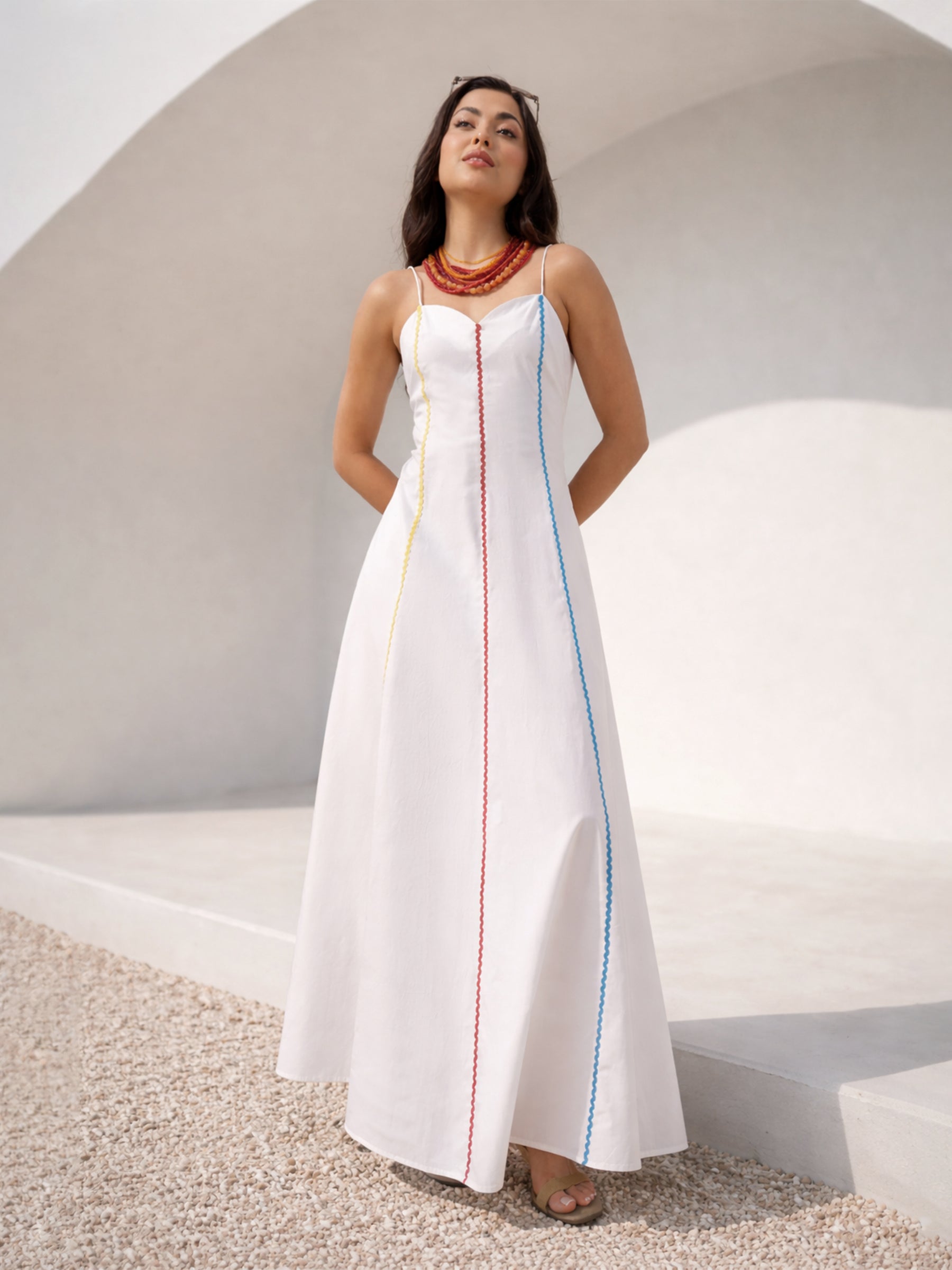 Women White Multi Ric Rac Strappy Maxi Dress