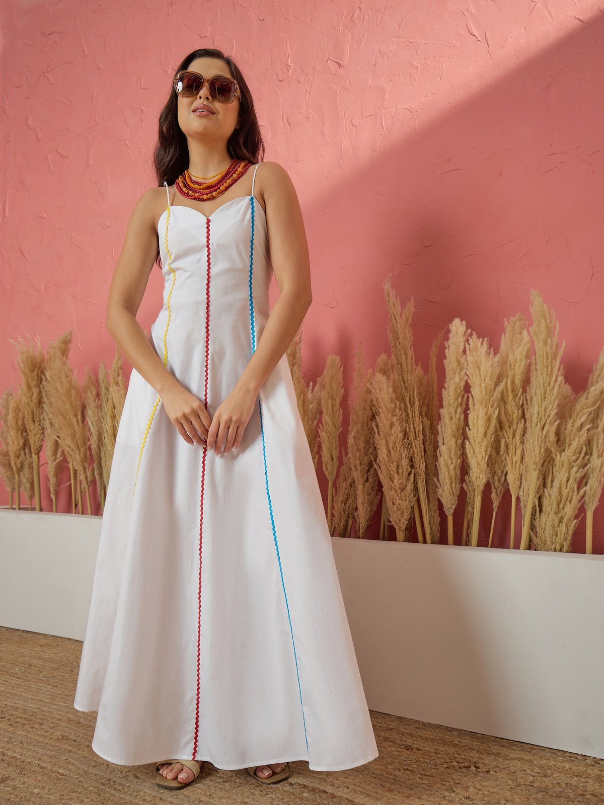 White Multi Ric Rac Strappy Maxi Dress-Pink Paprika by SASSAFRAS