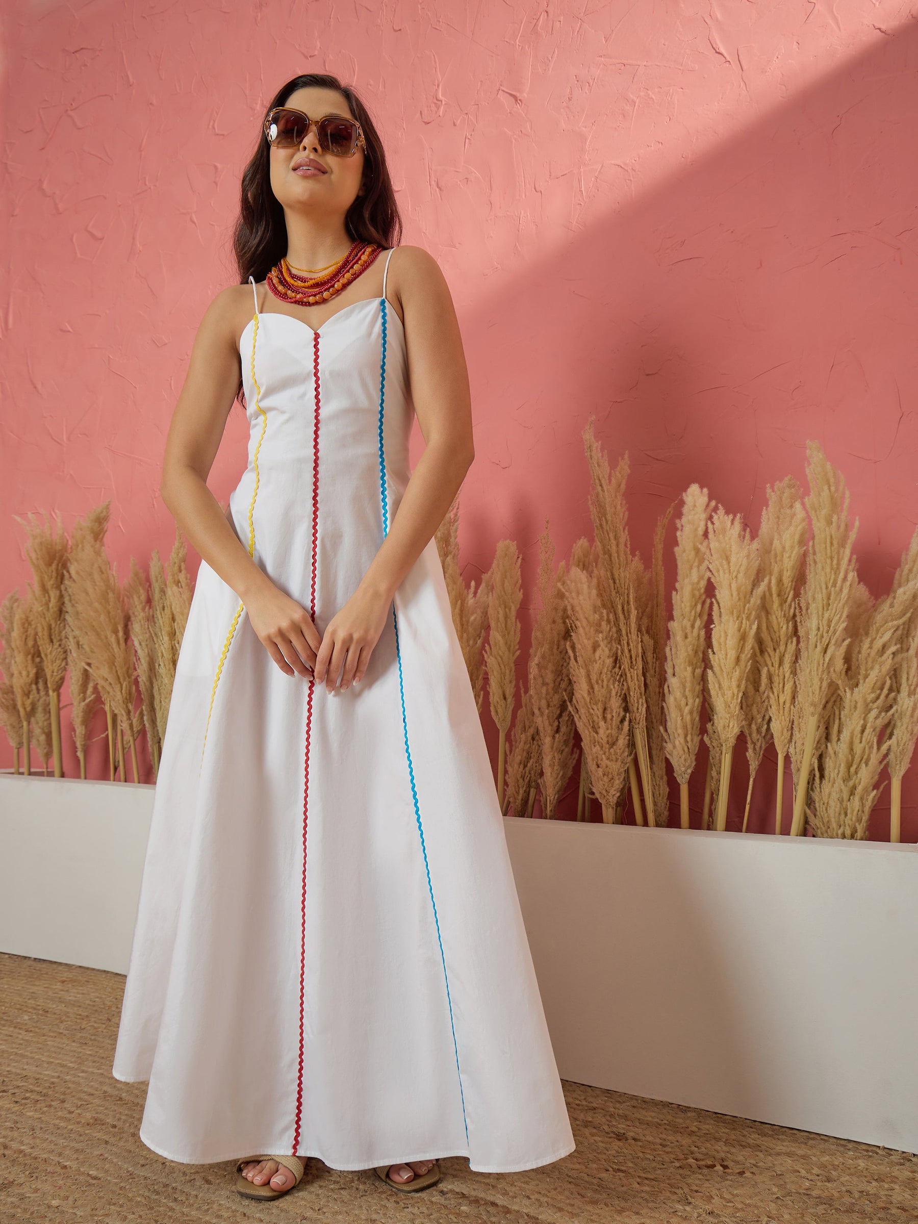 White Multi Ric Rac Strappy Maxi Dress-Pink Paprika by SASSAFRAS