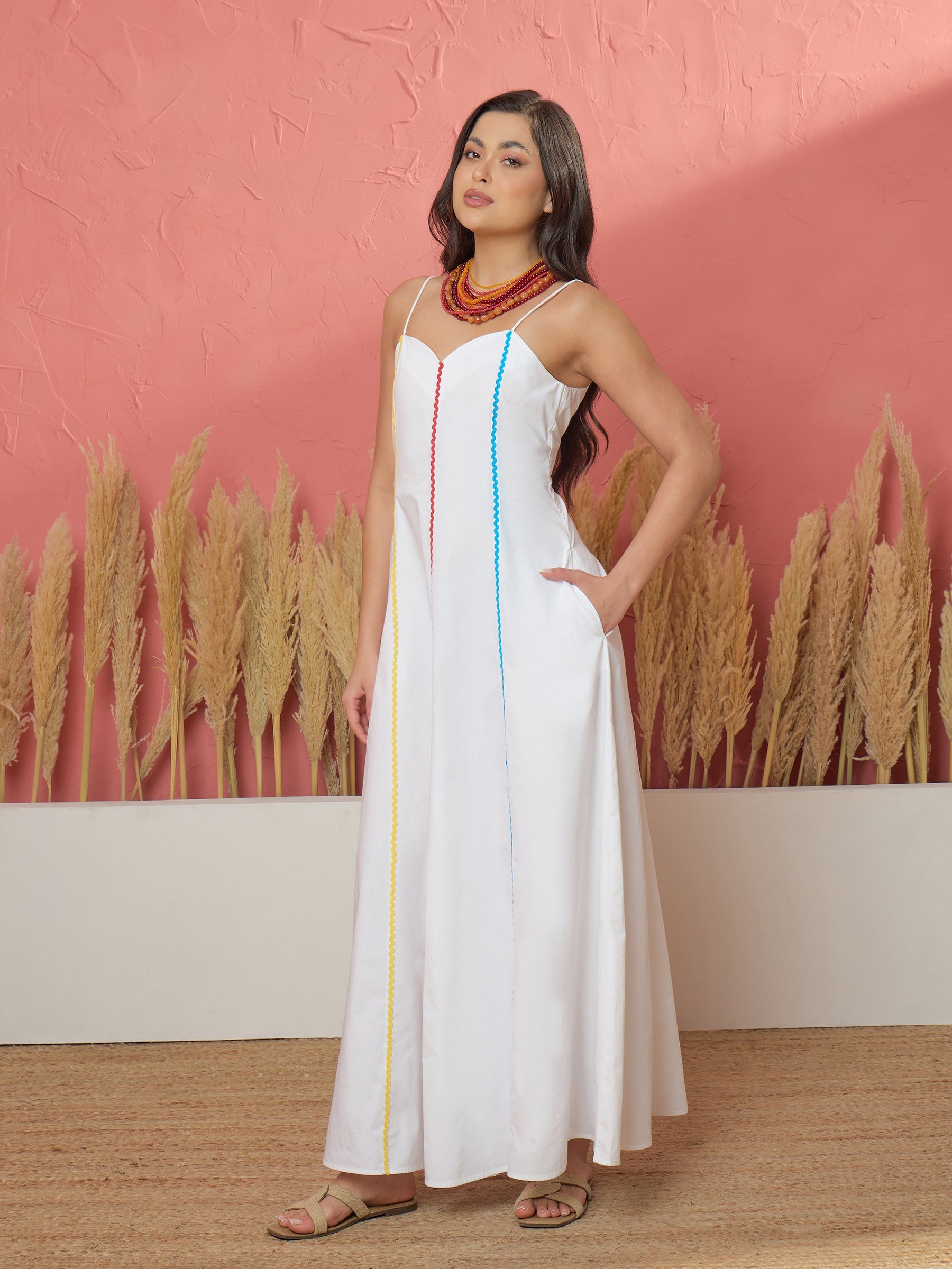 White Multi Ric Rac Strappy Maxi Dress-Pink Paprika by SASSAFRAS