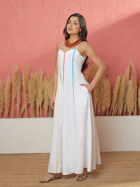 White Multi Ric Rac Strappy Maxi Dress-Pink Paprika by SASSAFRAS