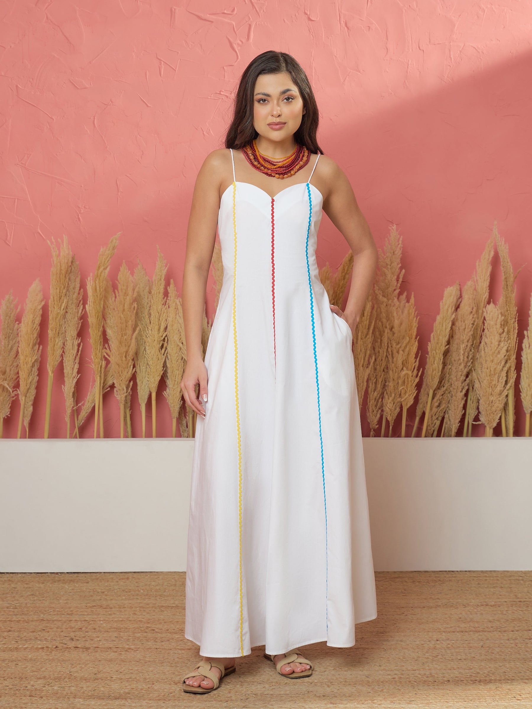 White Multi Ric Rac Strappy Maxi Dress-Pink Paprika by SASSAFRAS
