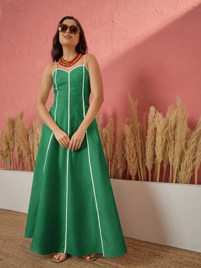 Green Ric Rac Lace Strappy Maxi Dress-Pink Paprika by SASSAFRAS