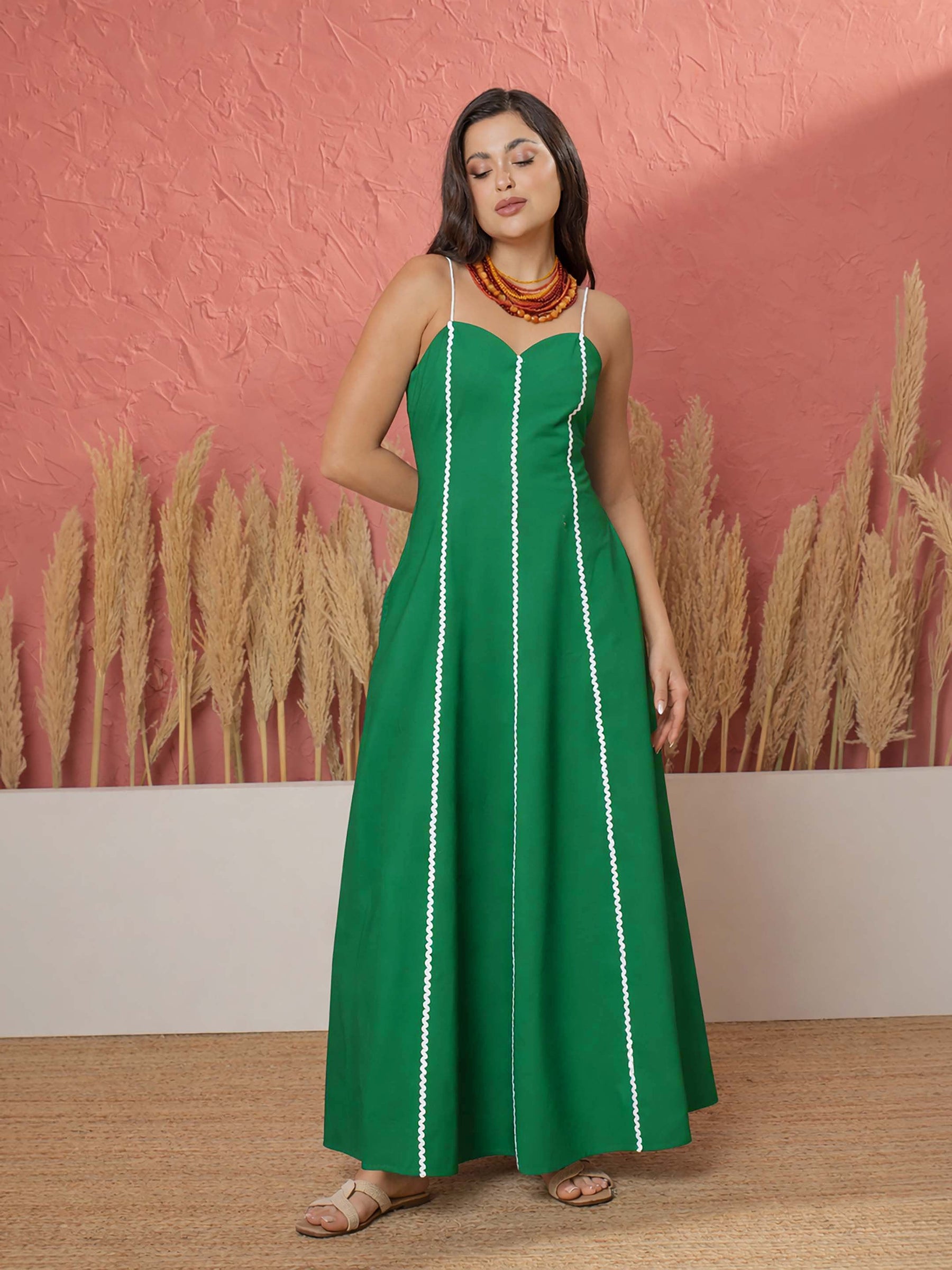 Women Green Ric Rac Lace Strappy Maxi Dress