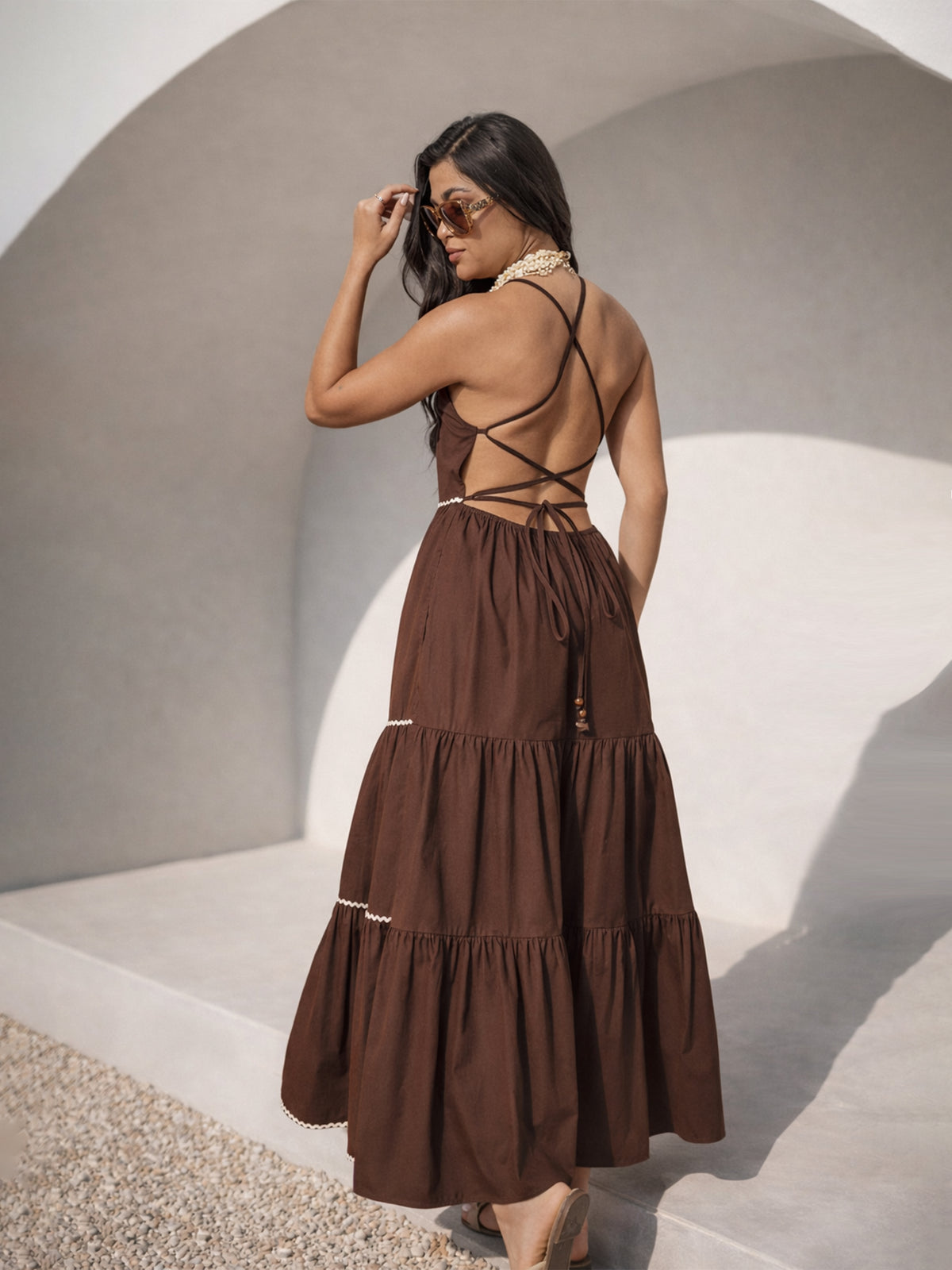 Brown Ric Rac Lace Back Less Tiered Maxi Dress-Pink Paprika by SASSAFRAS