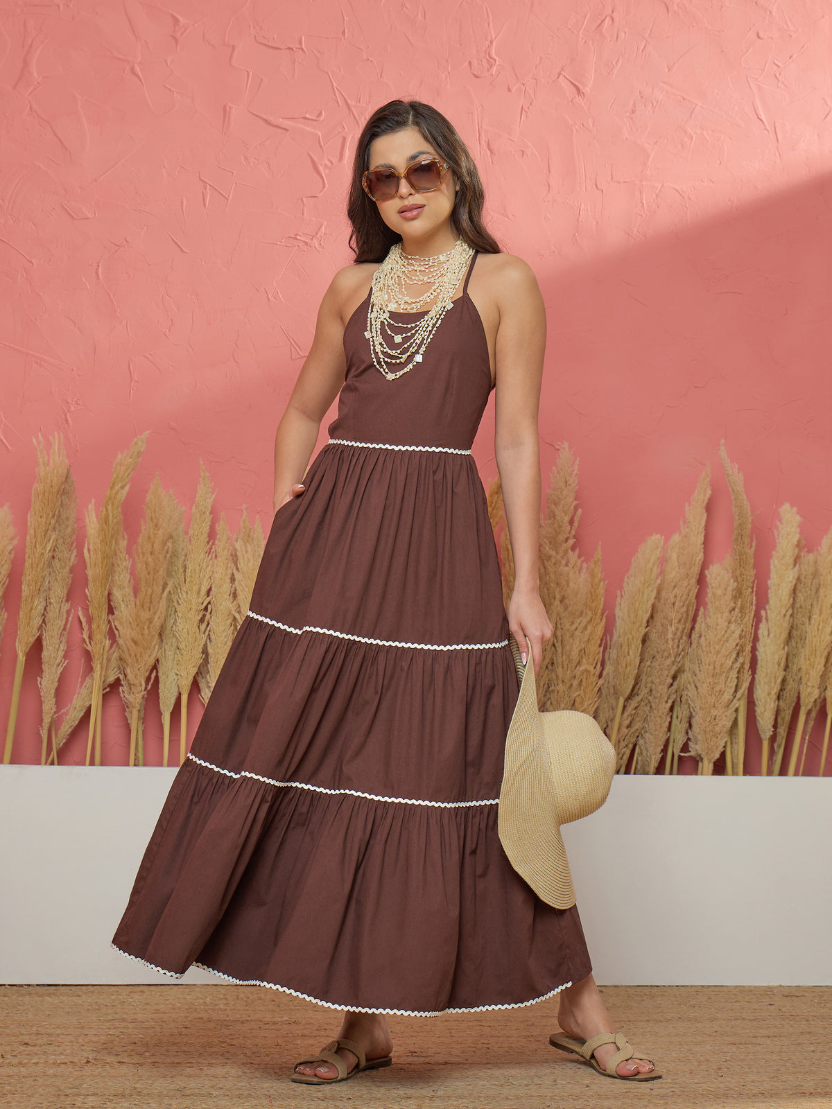 Brown Ric Rac Lace Back Less Tiered Maxi Dress-Pink Paprika by SASSAFRAS
