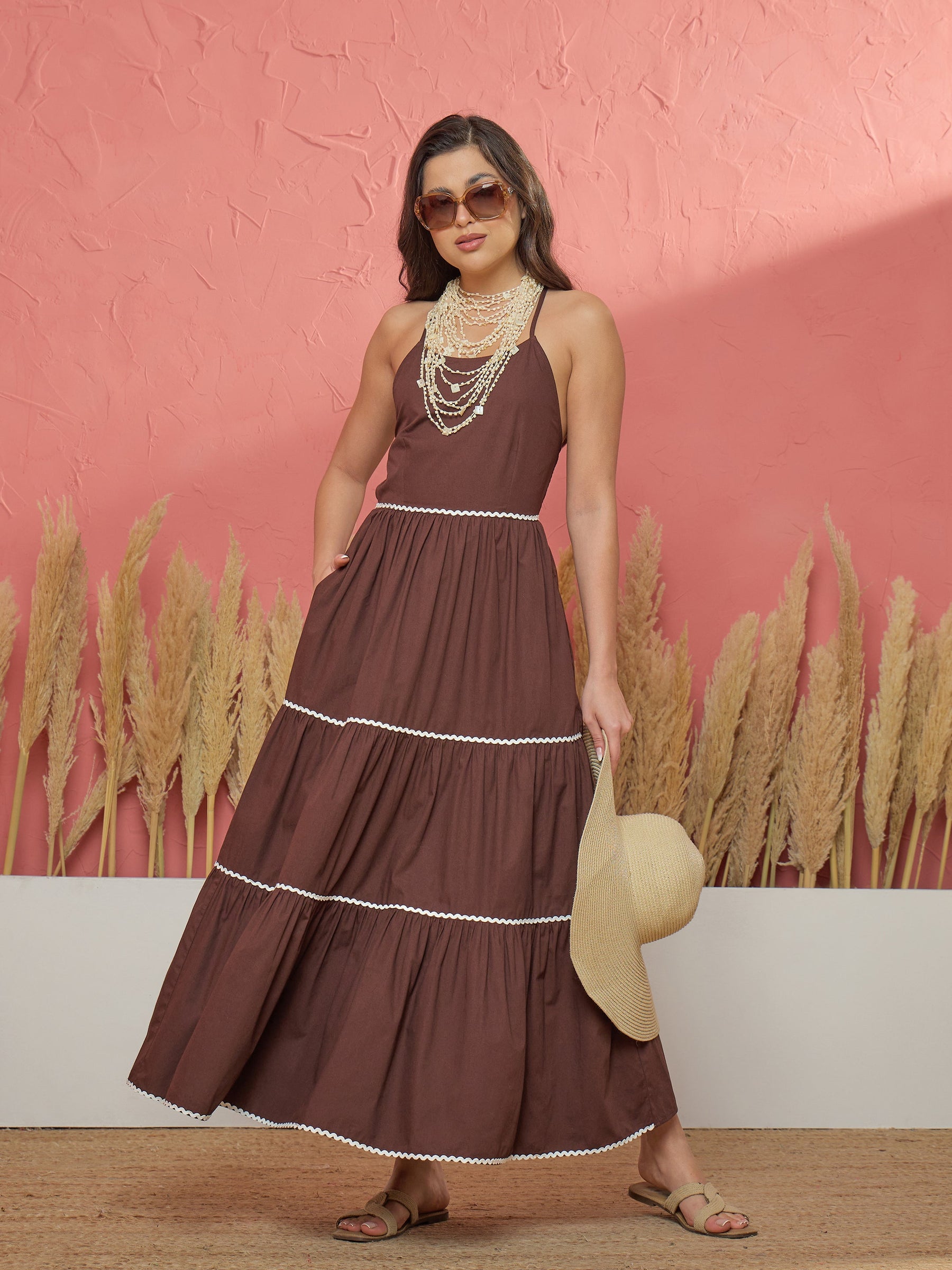 Brown Ric Rac Lace Back Less Tiered Maxi Dress-Pink Paprika by SASSAFRAS