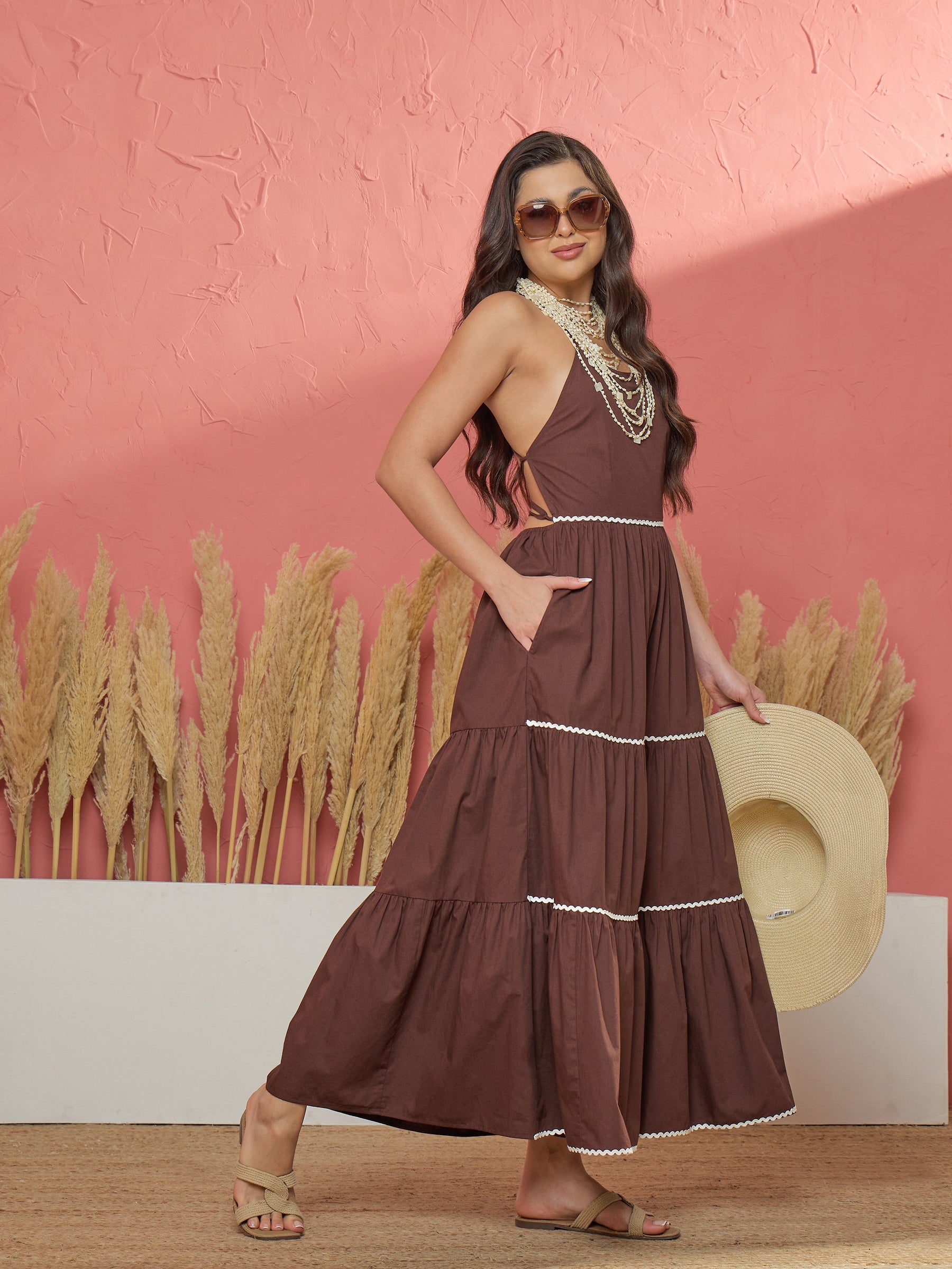 Brown Ric Rac Lace Back Less Tiered Maxi Dress-Pink Paprika by SASSAFRAS