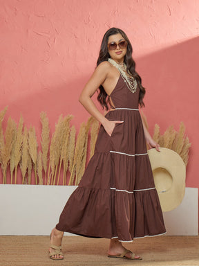 Brown Ric Rac Lace Back Less Tiered Maxi Dress-Pink Paprika by SASSAFRAS