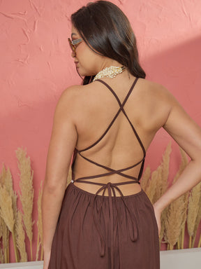 Women Brown Ric Rac Lace Back Less Tiered Maxi Dress