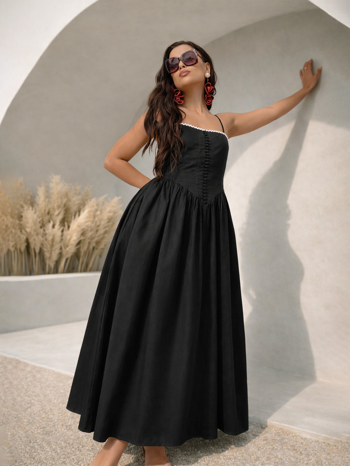 Black Ric Rac Low Waist Strappy Midi Dress-Pink Paprika by SASSAFRAS