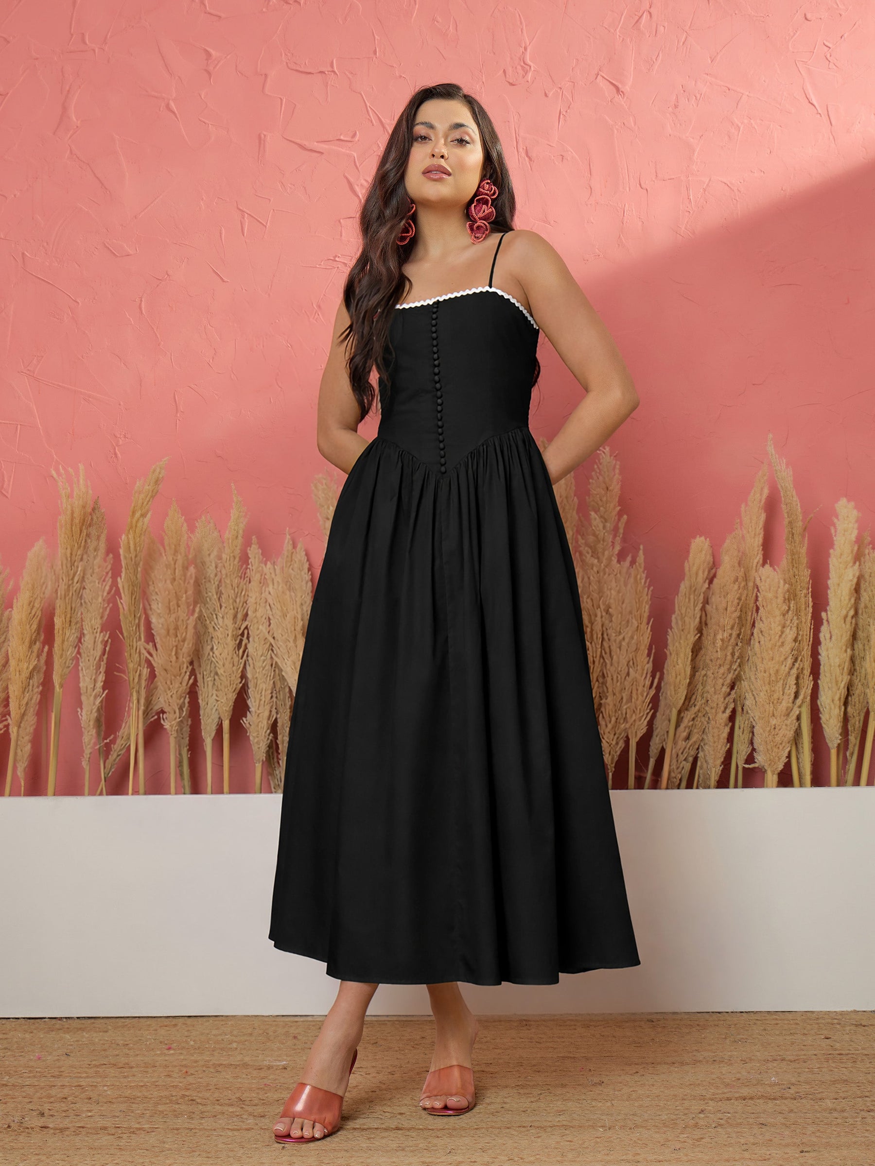 Black Ric Rac Low Waist Strappy Midi Dress-Pink Paprika by SASSAFRAS