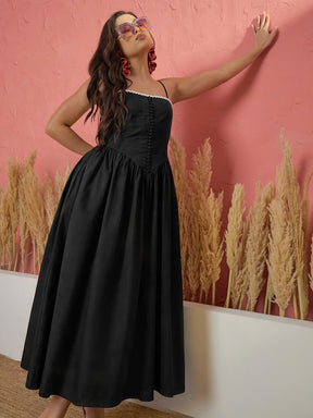 Women Black Ric Rac Low Waist Strappy Midi Dress