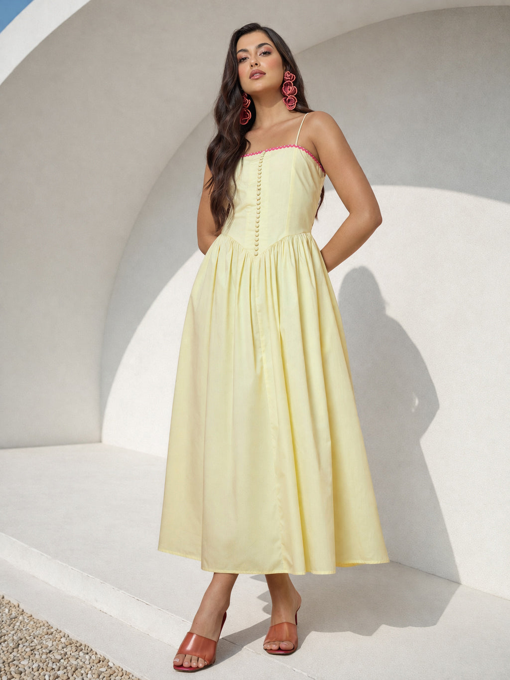 Yellow Ric Rac Low Waist Strappy Midi Dress-Pink Paprika by SASSAFRAS