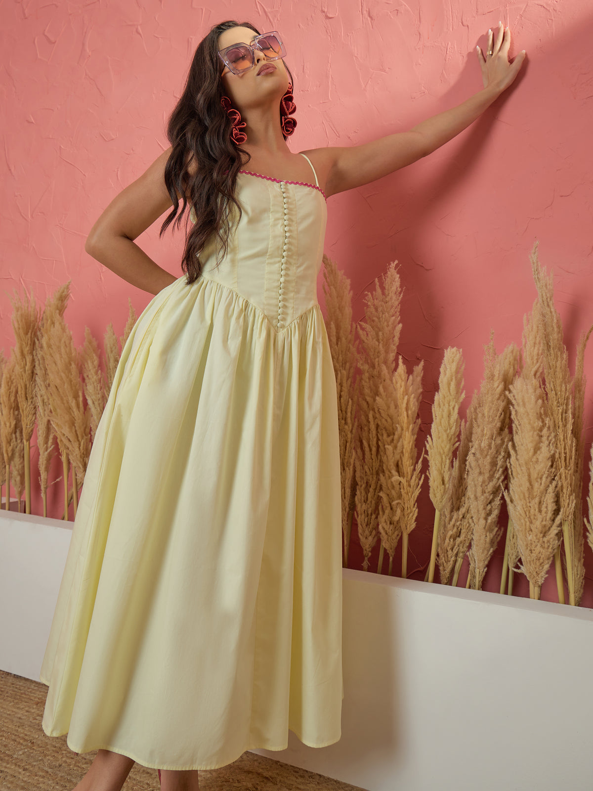 Yellow Ric Rac Low Waist Strappy Midi Dress-Pink Paprika by SASSAFRAS