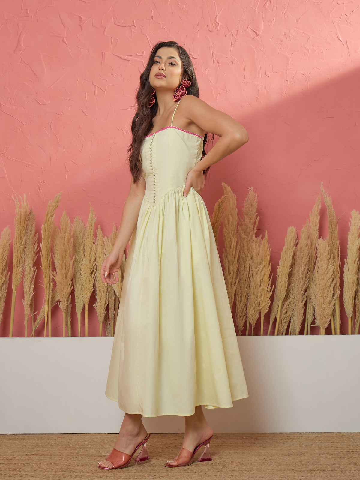 Yellow Ric Rac Low Waist Strappy Midi Dress-Pink Paprika by SASSAFRAS