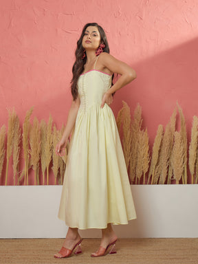 Yellow Ric Rac Low Waist Strappy Midi Dress-Pink Paprika by SASSAFRAS