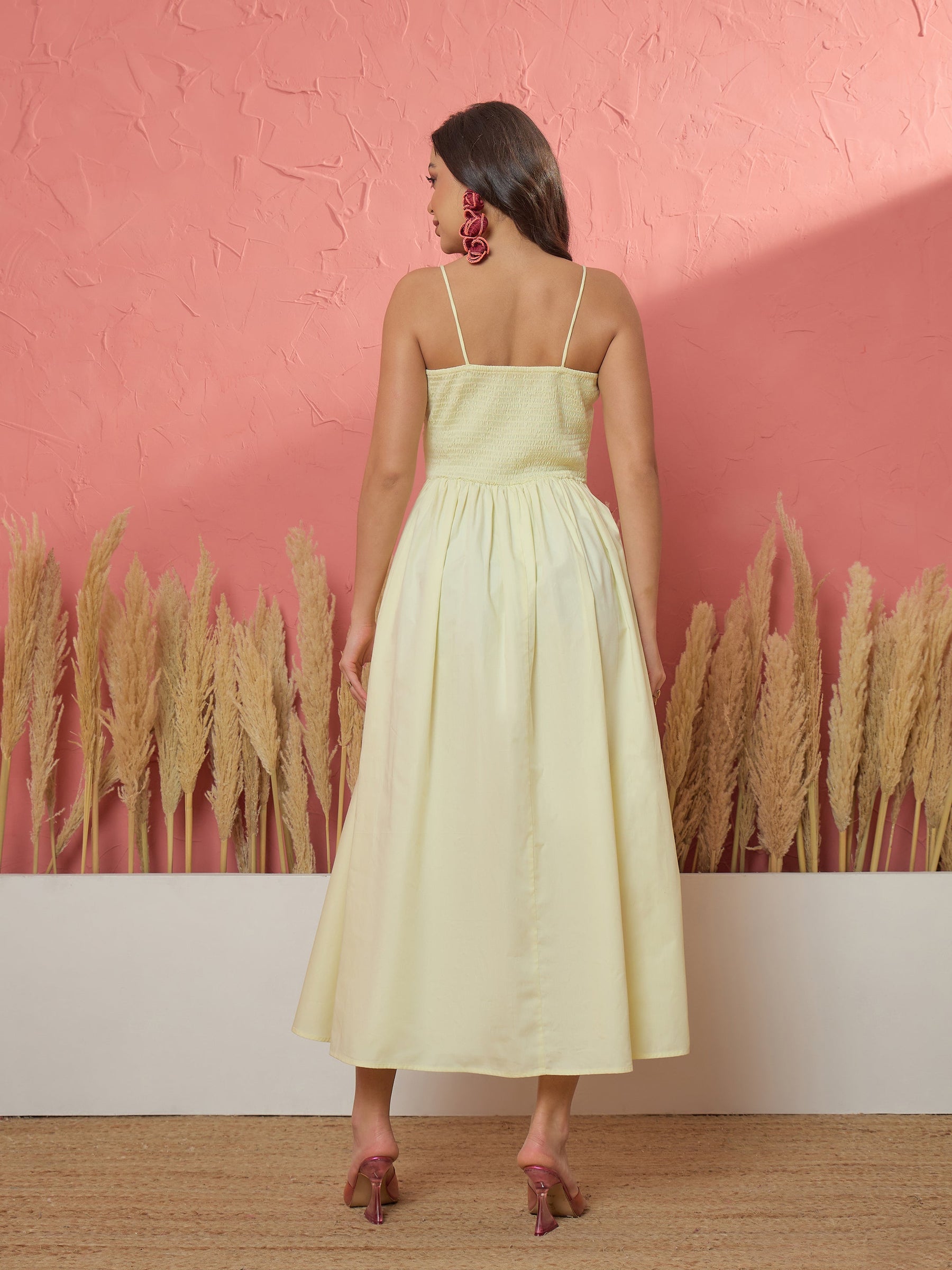 Yellow Ric Rac Low Waist Strappy Midi Dress-Pink Paprika by SASSAFRAS