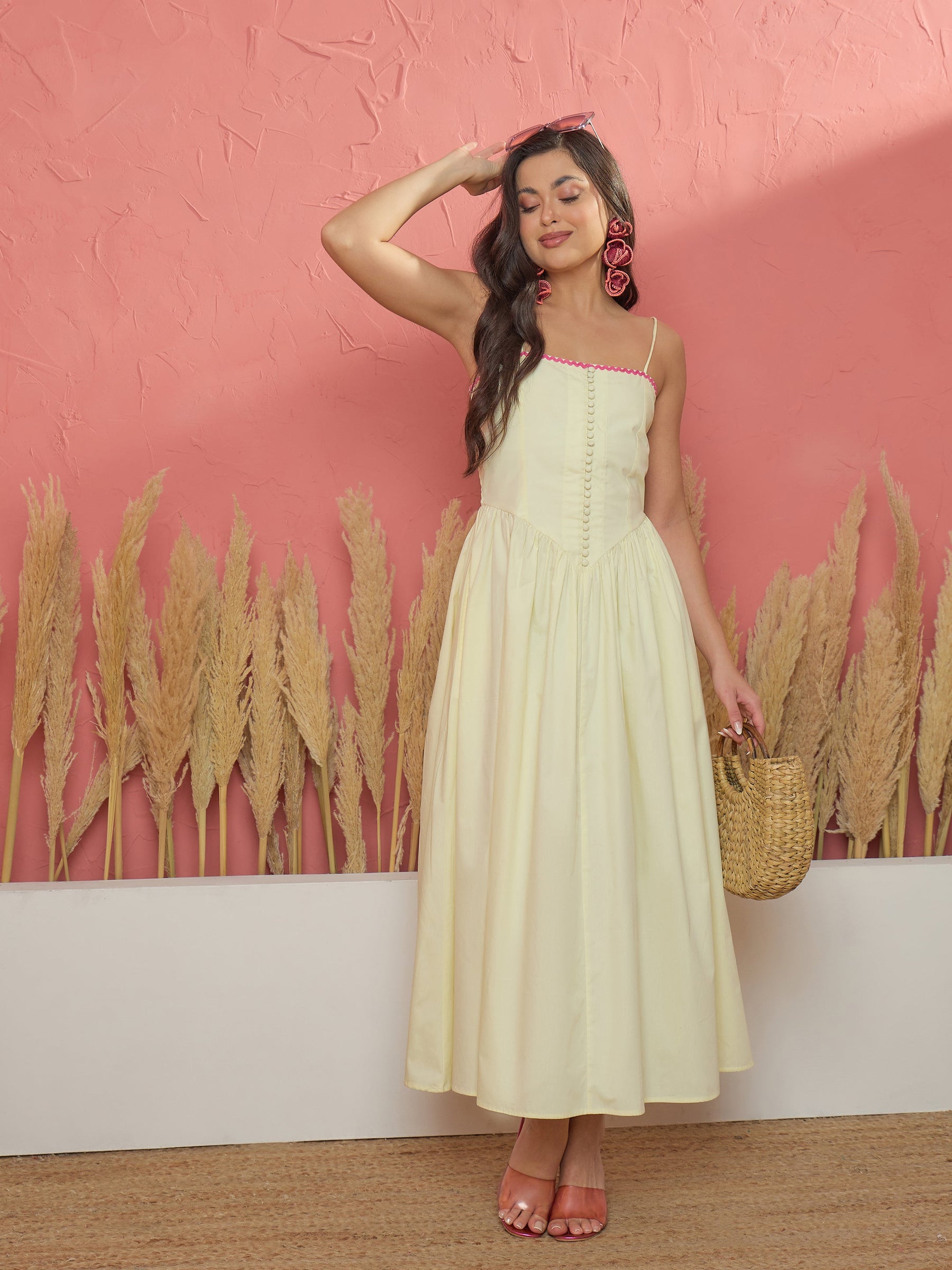 Women Yellow Ric Rac Low Waist Strappy Midi Dress