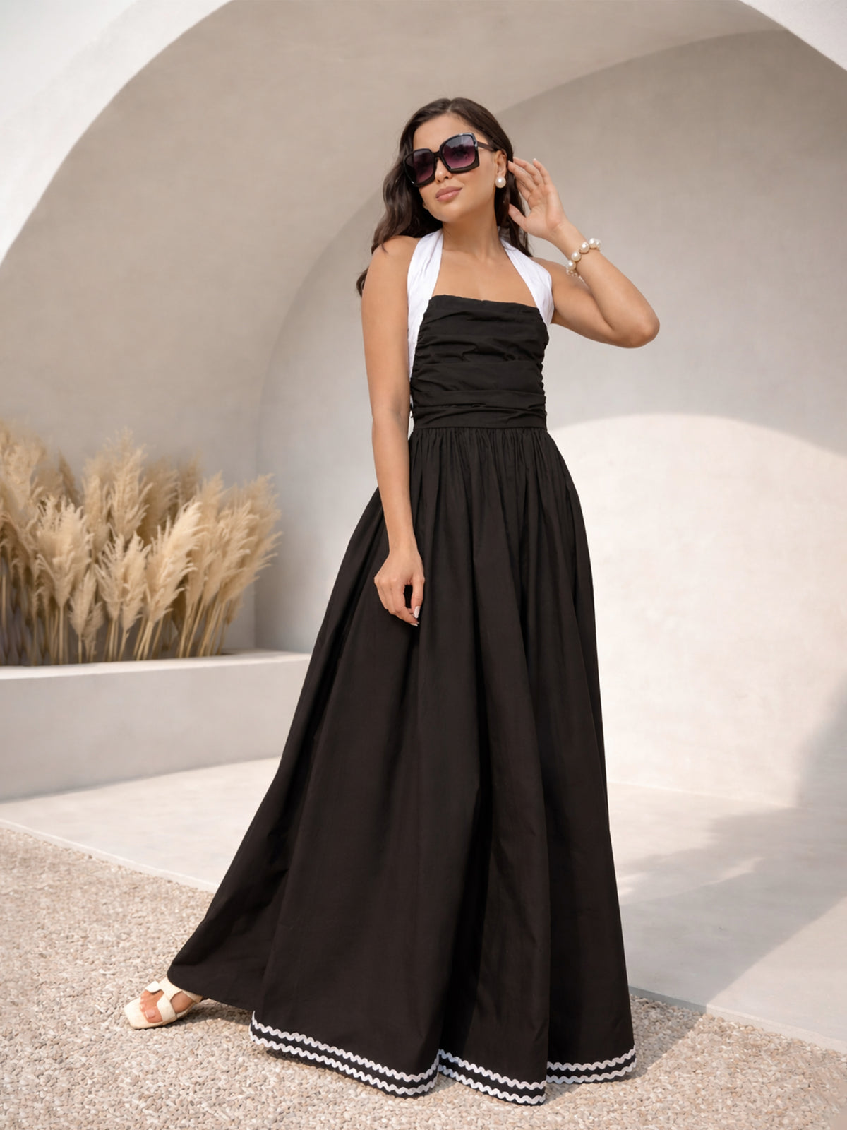 Black Ric Rac Contrast Back Tie Gathered Maxi Dress-Pink Paprika by SASSAFRAS