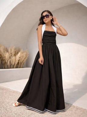Black Ric Rac Contrast Back Tie Gathered Maxi Dress-Pink Paprika by SASSAFRAS