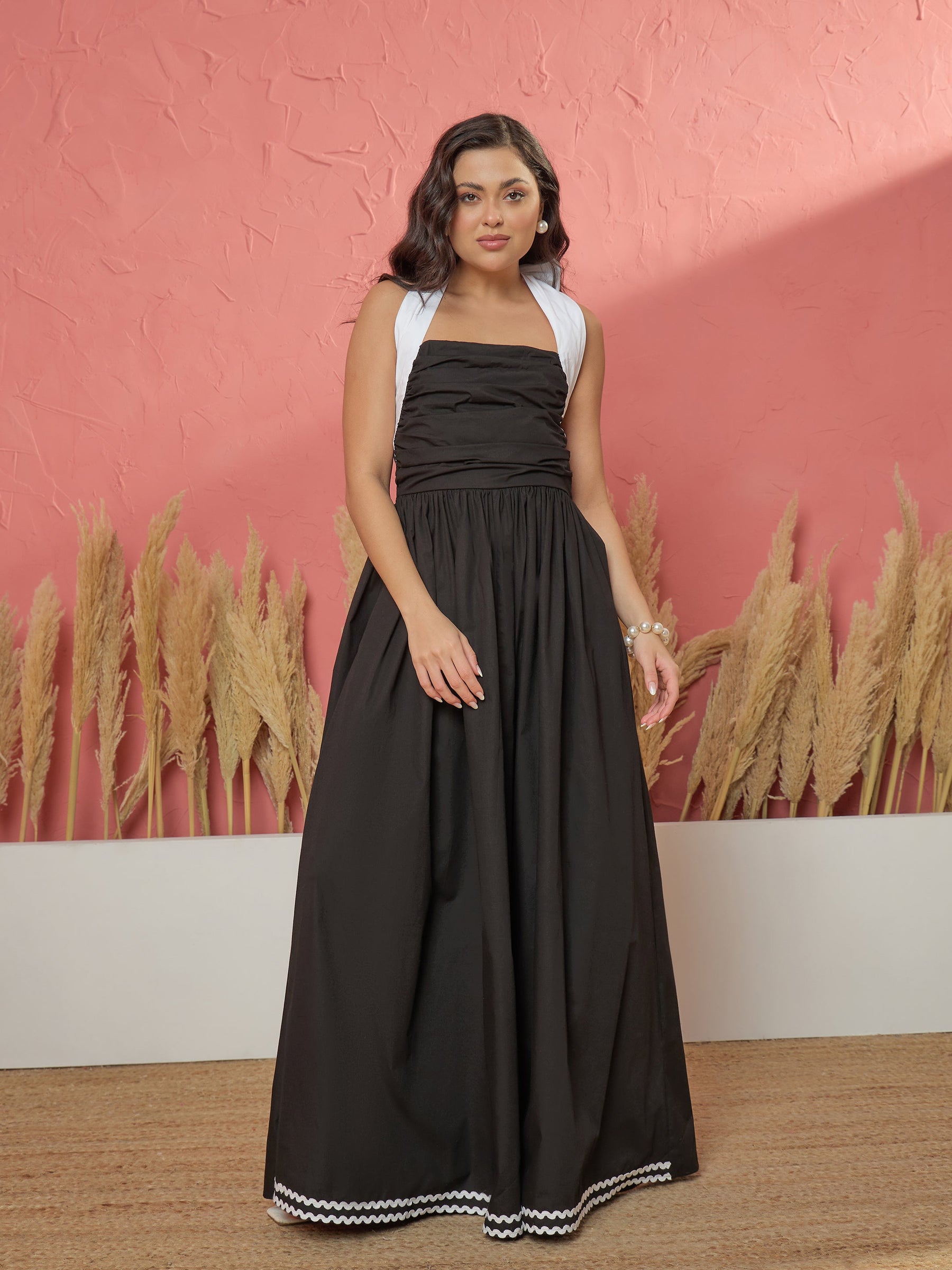 Black Ric Rac Contrast Back Tie Gathered Maxi Dress-Pink Paprika by SASSAFRAS