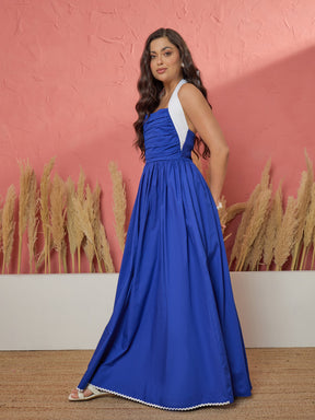 Royal Blue Ric Rac Contrast Back Tie Gathered Maxi Dress-Pink Paprika by SASSAFRAS
