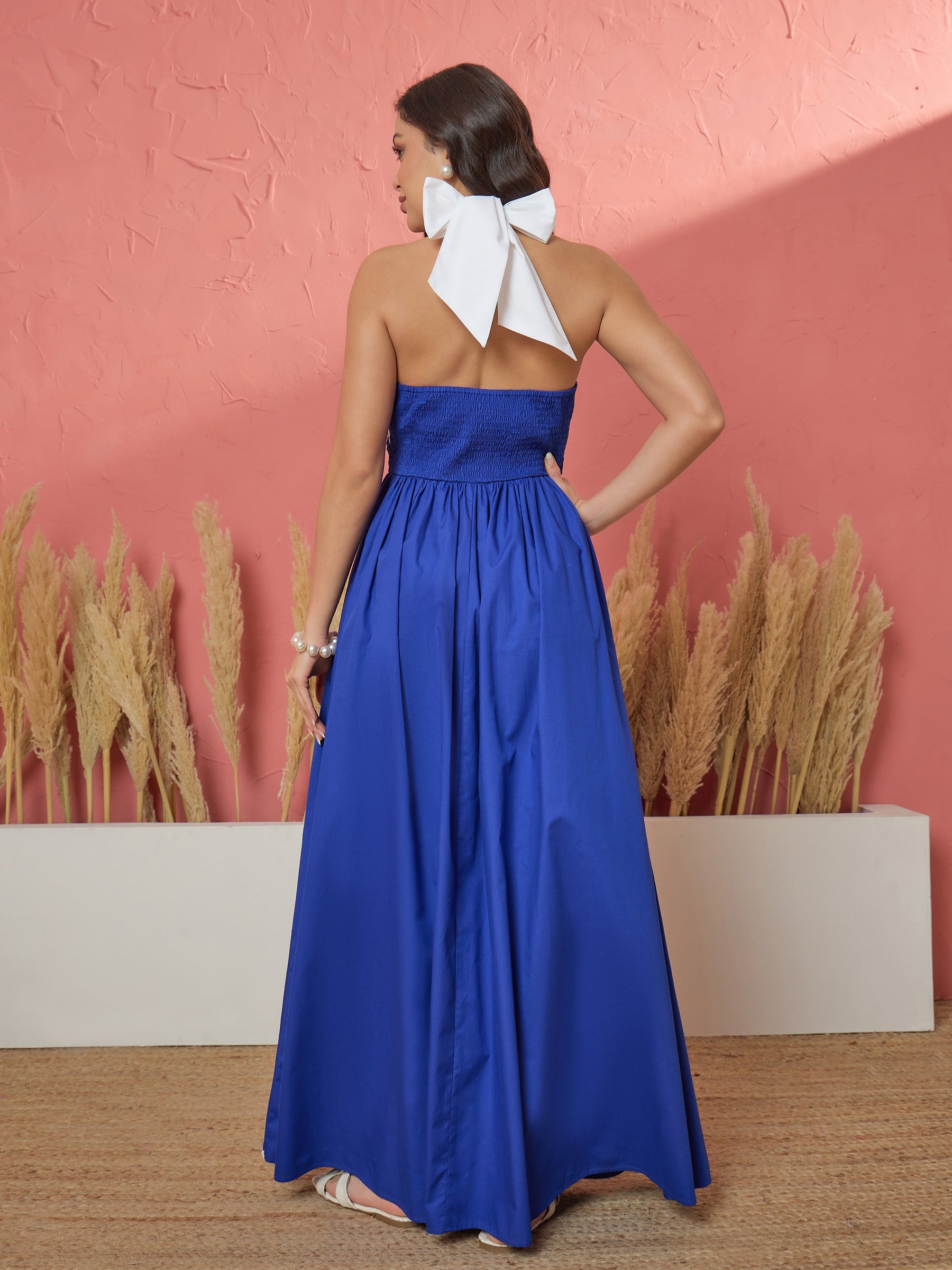 Women Royal Blue Ric Rac Contrast Back Tie Gathered Maxi Dress
