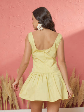 Women Yellow Low Waist Front Button Loop Short Dress